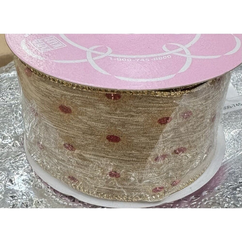 2 Rolls Natural Jeweled Trellis Wired Ribbon Gold Pink Glitter Crafts xmas party